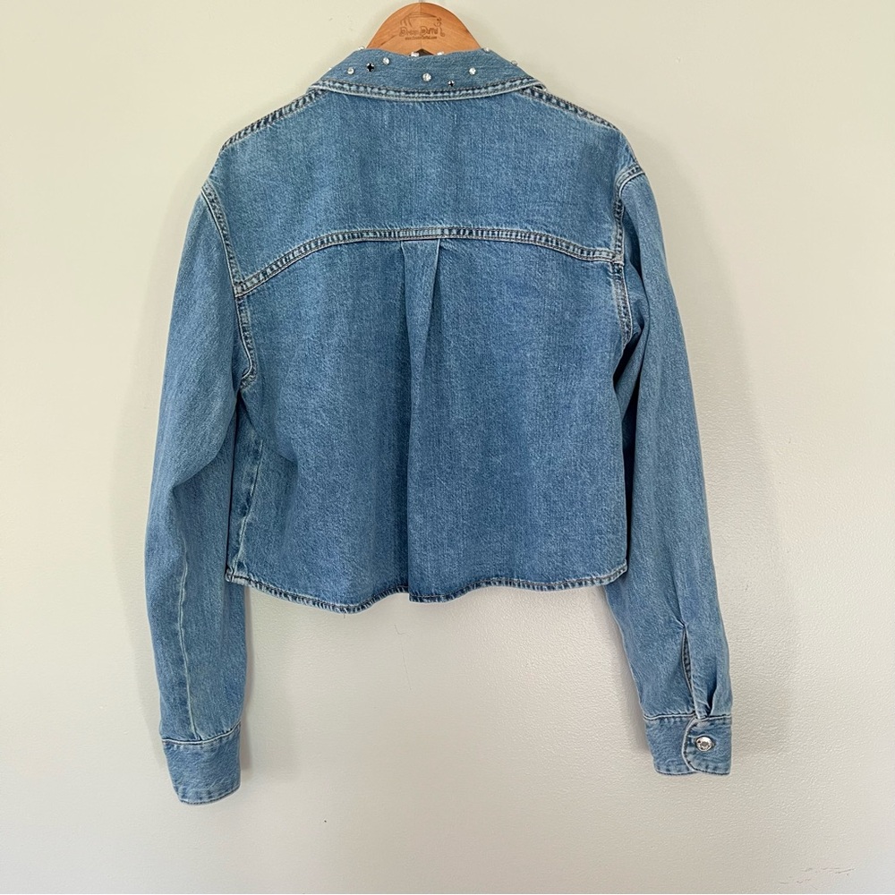 Zara Demin Rhinestone Button Down Shirt Jean Jacket Embellished Long Sleeve - Picture 8 of 10
